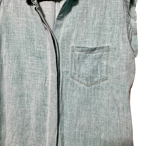 Umgee Linen Cotton Raw Fringe Hem Split Back Button Front Teal Lagenlook Blouse - Picture 4 of 11